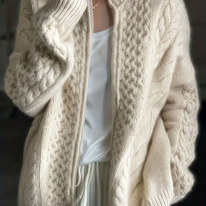 Cable Knit Zip Up Loose Cardigan, Casual Long Sleeve Turtle Neck Sweater Coat, Women's Clothing