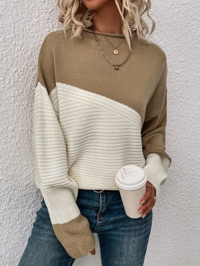 Color Block Loose Pullover Sweater, Elegant Long Sleeve Drop Shoulder Sweater, Women's Clothing