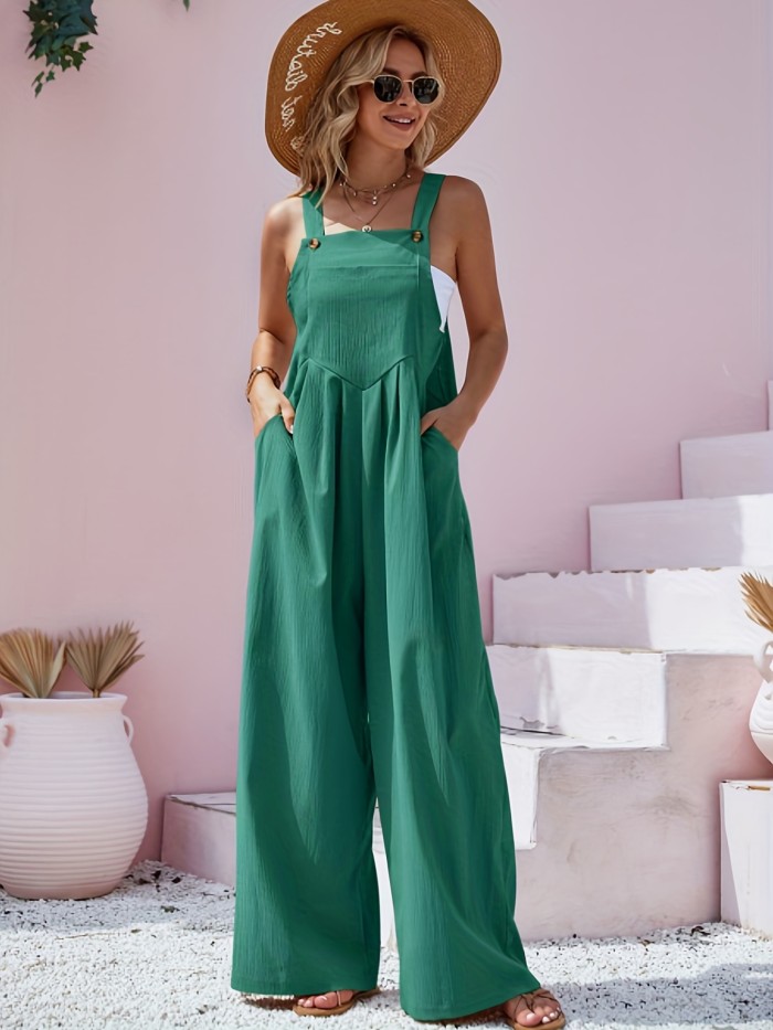 Wide Leg Overall Jumpsuit, Casual Button Front Suspender Jumpsuit, Women's Clothing