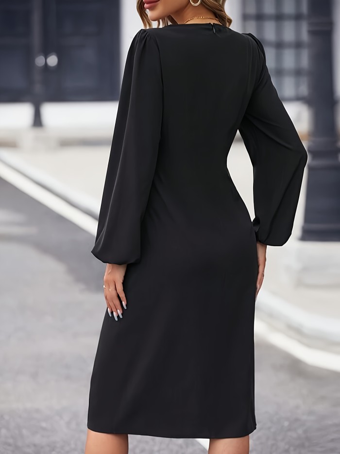 Solid Square Neck Split Dress, Elegant Lantern Sleeve Slim Dress For Spring & Fall, Women's Clothing