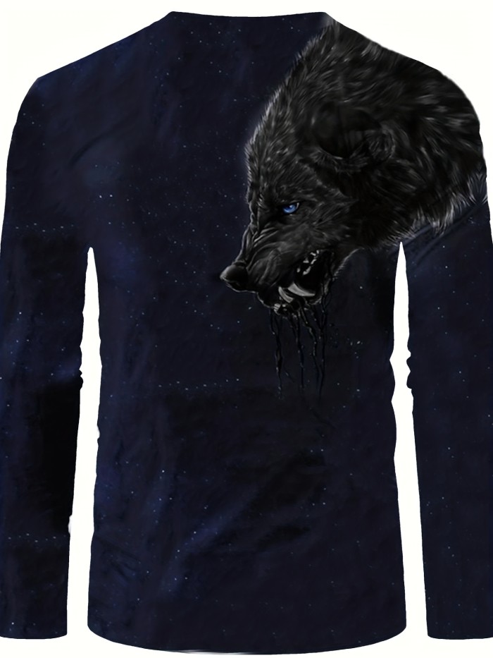 Black Wolf 3D Print Men's Vintage Long Sleeve Henley Tee With Drawstring, Spring Fall, Gift For Men