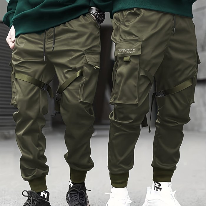 Classic Design Multi Flap Pockets Cargo Pants,Men's Loose Fit Drawstring Kpop Cargo Pants .For Skateboarding,Street,Outdoor Camping