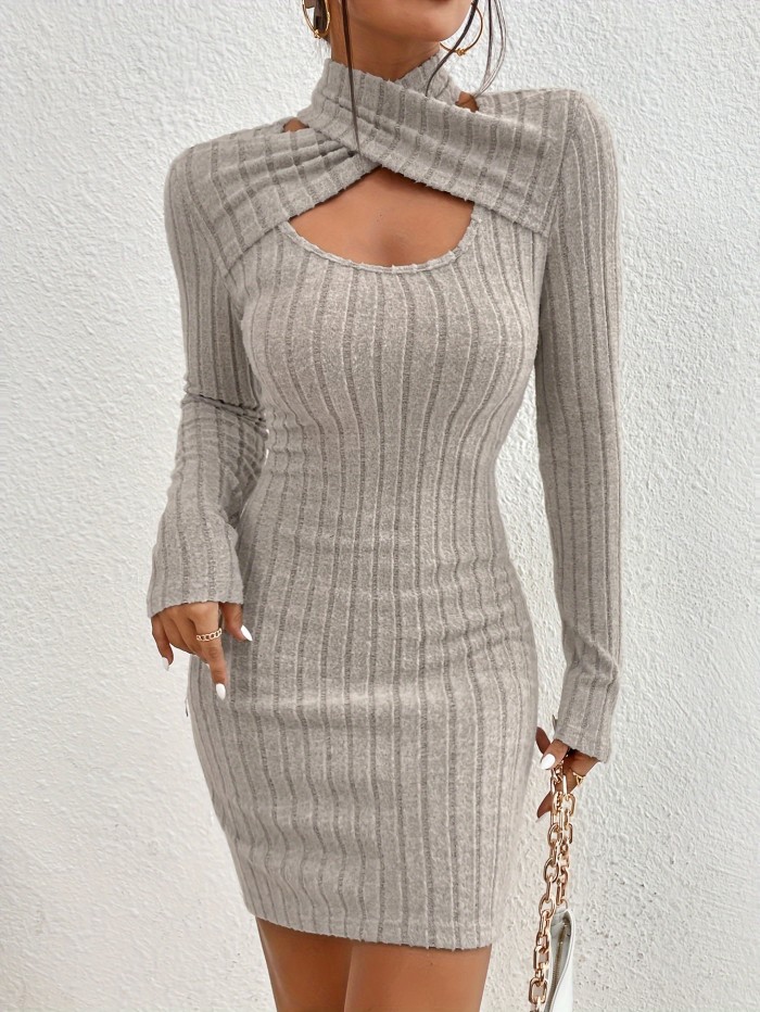 Cut Out Ribbed Dress, Casual Long Sleeve Solid Bodycon Dress, Women's Clothing