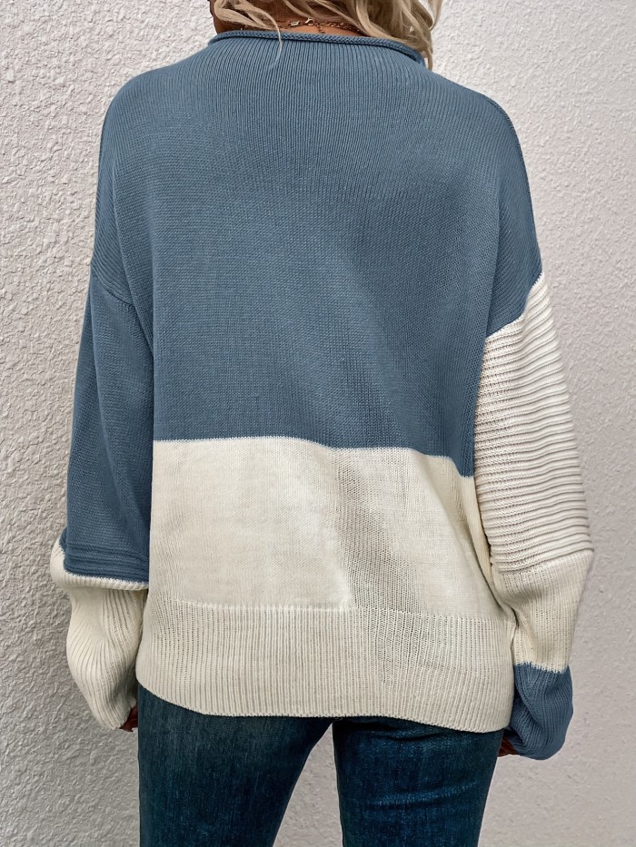 Color Block Loose Pullover Sweater, Elegant Long Sleeve Drop Shoulder Sweater, Women's Clothing