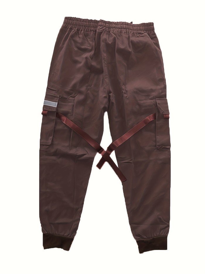 Classic Design Multi Flap Pockets Cargo Pants,Men's Loose Fit Drawstring Kpop Cargo Pants .For Skateboarding,Street,Outdoor Camping