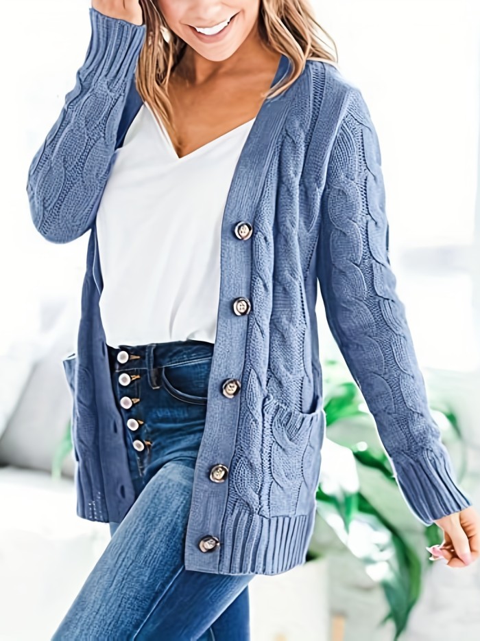 Cable Knit Button Front Cardigan, Casual Long Sleeve Cardigan For Fall & Winter, Women's Clothing