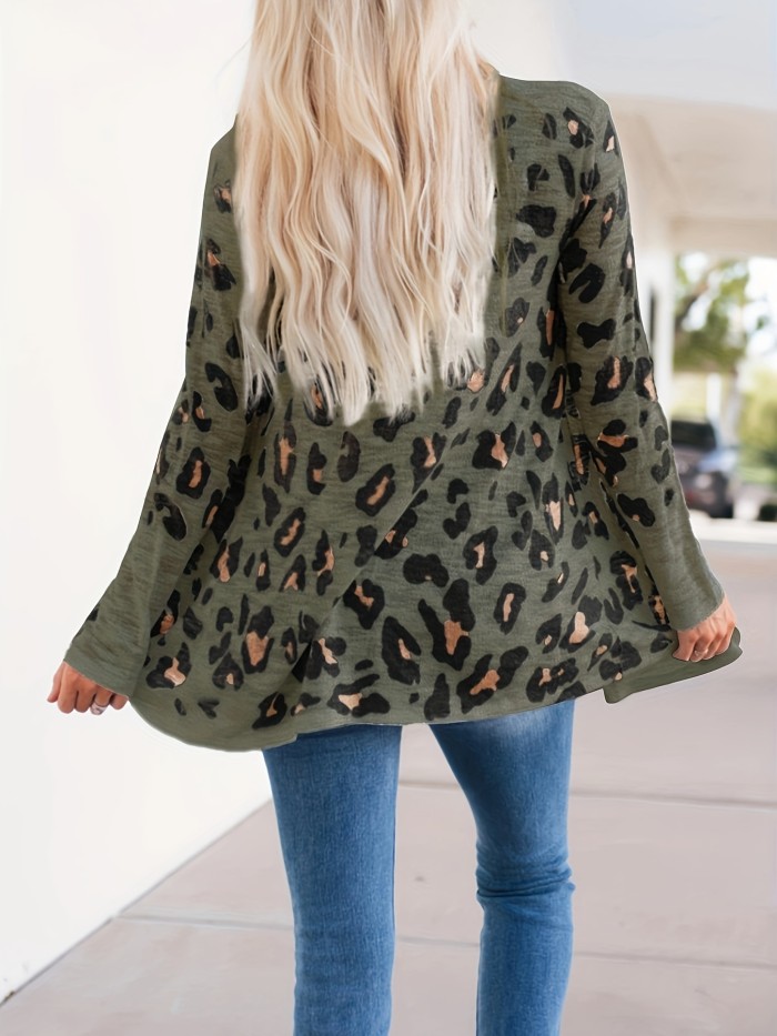 Leopard Print Long Sleeve Cardigan, Casual Every Day Sweater For Spring & Fall, Women's Clothing