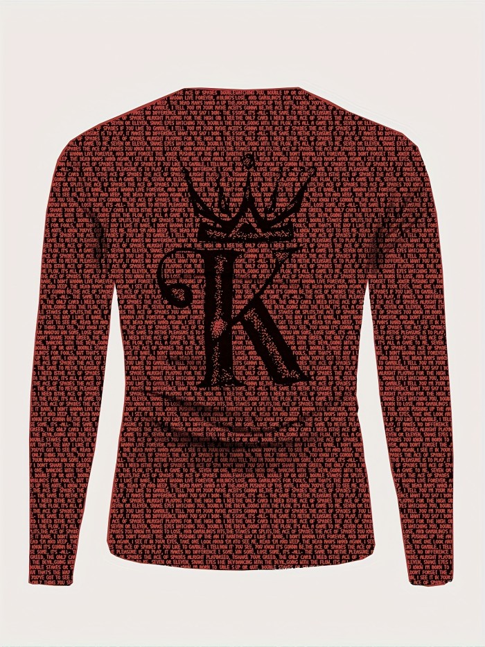 Cool Alphabet K Print Men's Long Sleeve T-shirt, Men's Fashion Crew Neck Tops, Spring Fall
