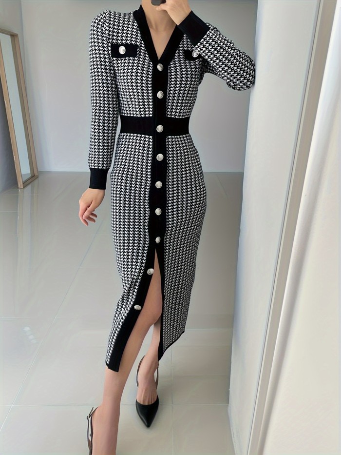 Houndstooth Pattern Button Front Dress, Elegant V Neck Long Sleeve Dress, Women's Clothing