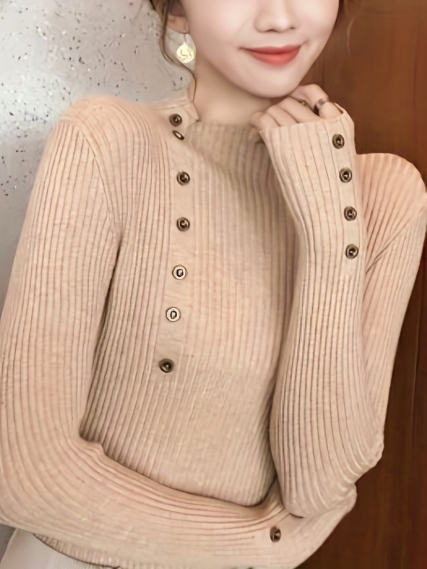 Solid Mock Neck Slim Pullover Sweater, Casual Long Sleeve Fake Button Sweater, Women's Clothing
