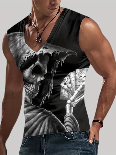 Skeleton Poker 3d Print, Men's V Neck Skinny Fit Tanktop For Gym Training, Mens Clothing