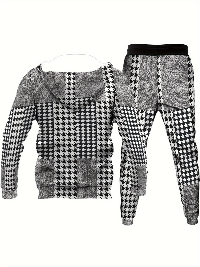 Plus Size Men's Houndstooth Print Hooded Sweatshirt & Sweatpants Set For Spring Fall Winter, Men's Clothing