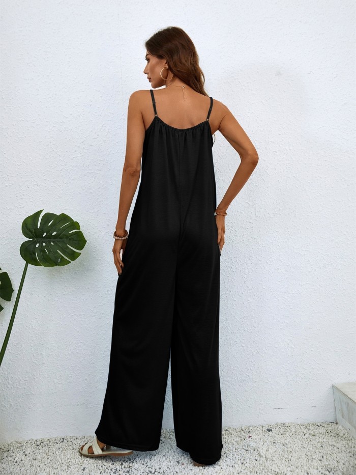 Boho Splash Ink Print Jumpsuit, Casual Spaghetti Sleeveless Long Length Wide Leg Jumpsuit, Women's Clothing