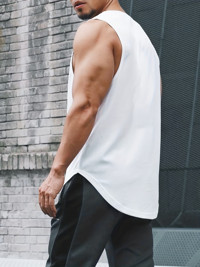 Trendy Antler Print Casual Slightly Stretch Round Neck Tank Top, Men's Tank Top For Summer Outdoor Gym Workout Bodybuilding Fitness