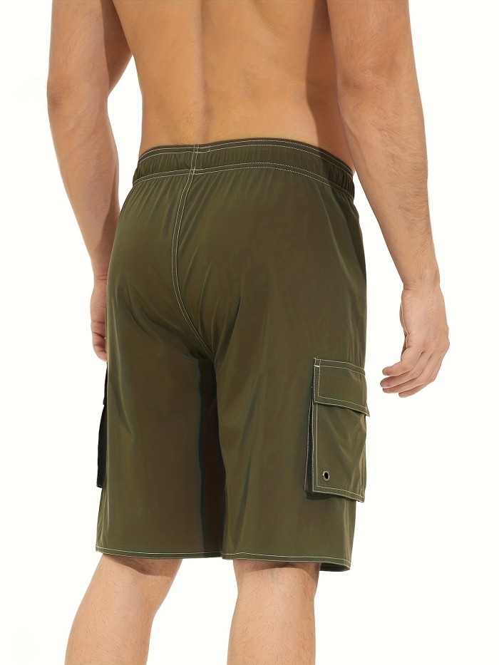 Plus Size Men's Quick Dry Beach Shorts, Casual Swimwear With Flap Pockets For Summer
