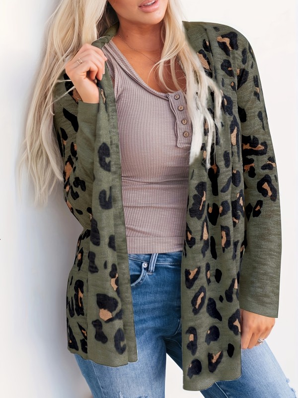Leopard Print Long Sleeve Cardigan, Casual Every Day Sweater For Spring & Fall, Women's Clothing