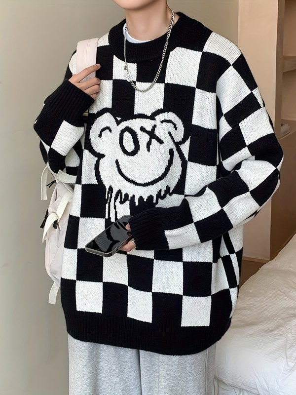 Plus Size Men's Casual Chessboard And Bear With Quirky Smile Sweater Bottoming Wear For Spring And Autumn