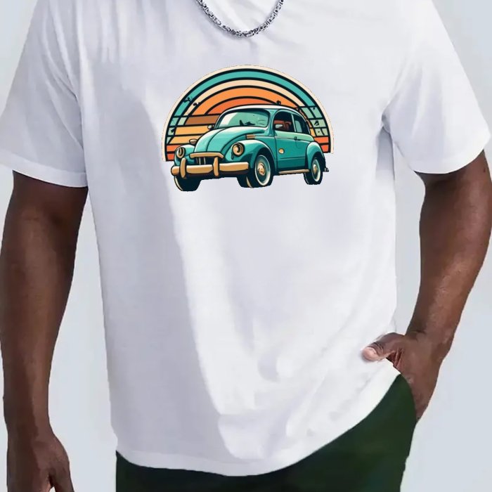 Retro Sedan Print T Shirt, Tees For Men, Casual Short Sleeve T-shirt For Summer