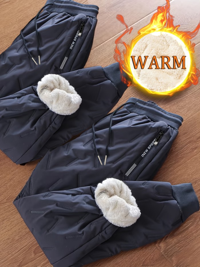 Warm Fleece Thick Joggers, Men's Casual Zipper Pocket Windproof Sweatpants For Fall Winter