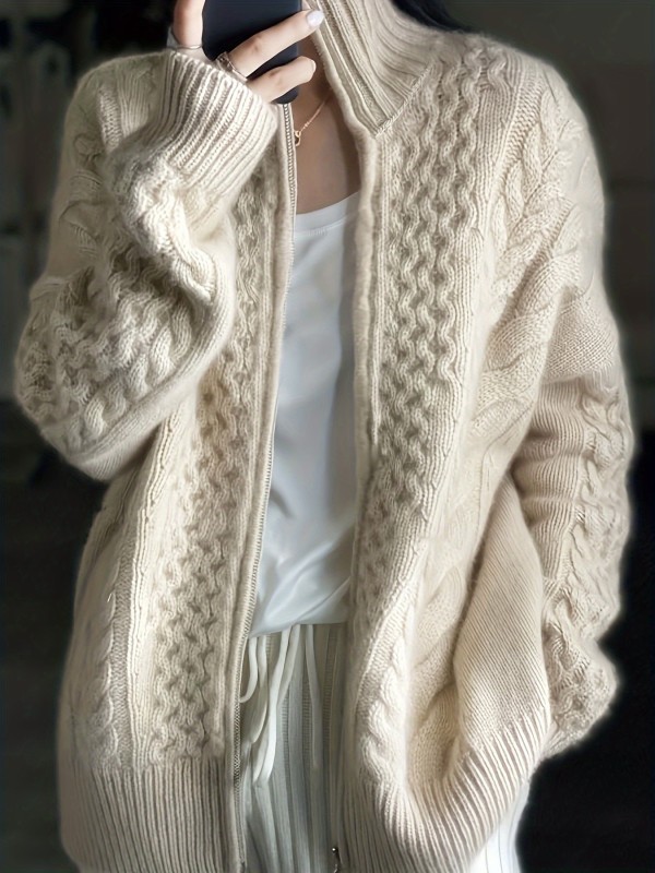 Cable Knit Zip Up Loose Cardigan, Casual Long Sleeve Turtle Neck Sweater Coat, Women's Clothing