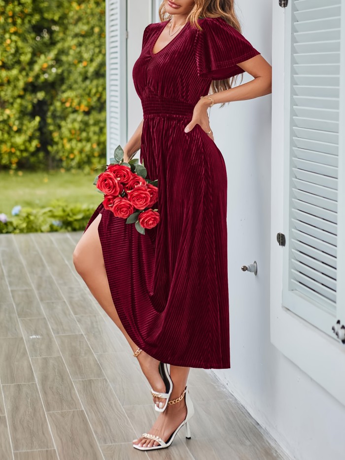 Solid V-neck Cinched Waist Dress, Elegant Flutter Sleeve Ruffle Hem Dress For Party & Banquet, Women's Clothing