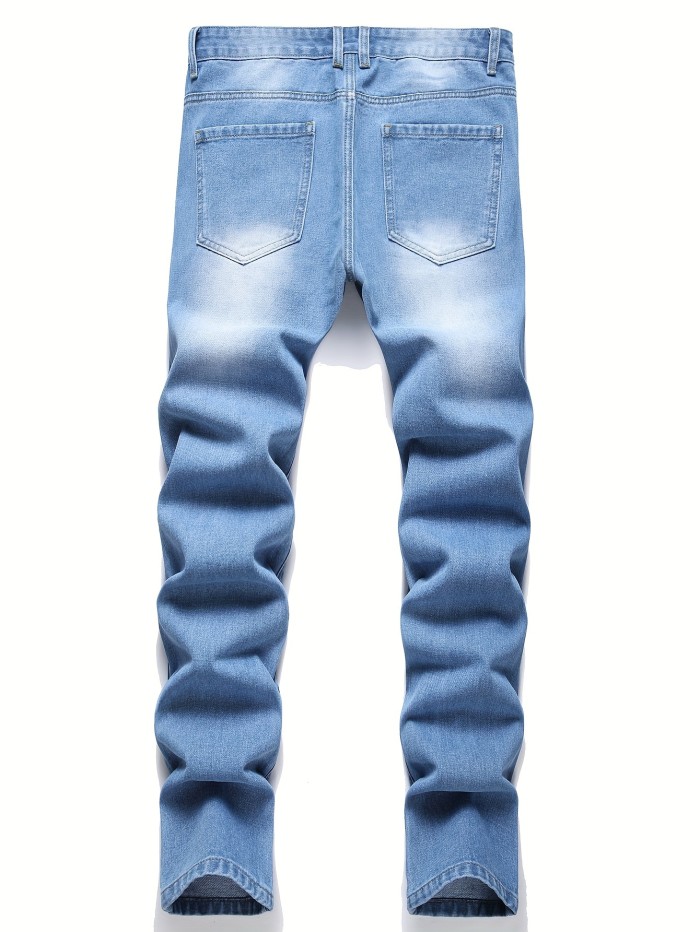 Slim Fit Eyes Print Classic Design Cotton Jeans, Men's Casual Street Style Solid Color Mid Stretch Denim Pants For Spring Summer
