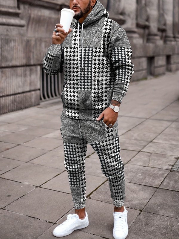 Plus Size Men's Houndstooth Print Hooded Sweatshirt & Sweatpants Set For Spring Fall Winter, Men's Clothing