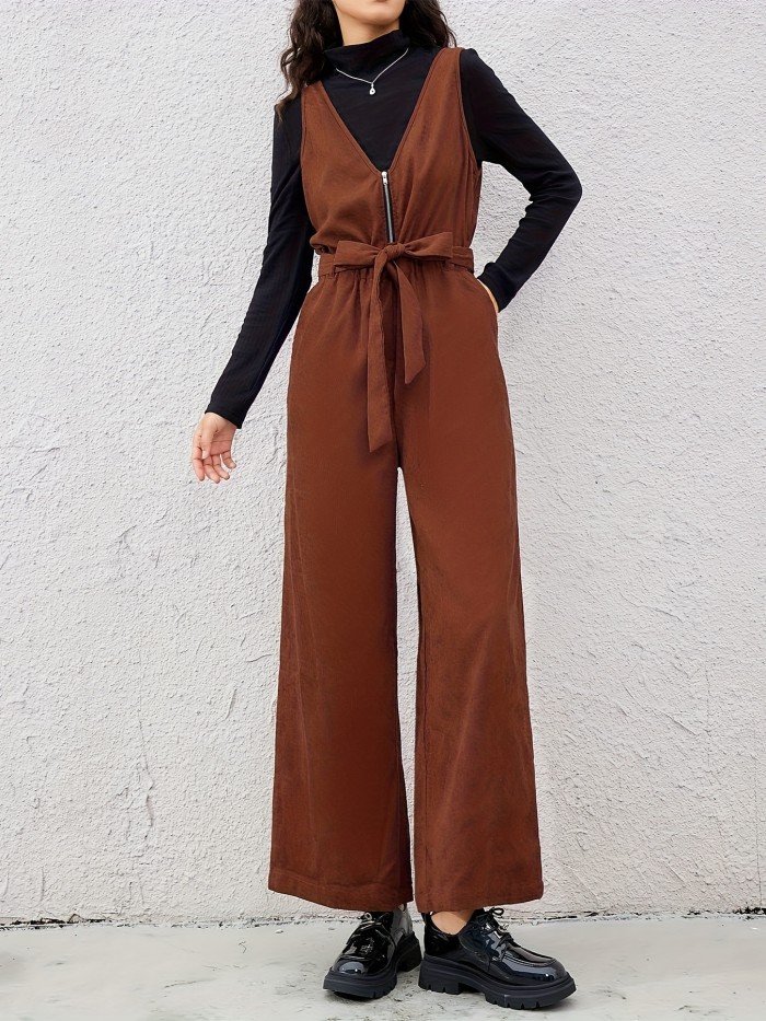 Solid Zipper Belted  V-neck Jumpsuit, Versatile Overall Tank Jumpsuit For Spring & Fall, Women's Clothing