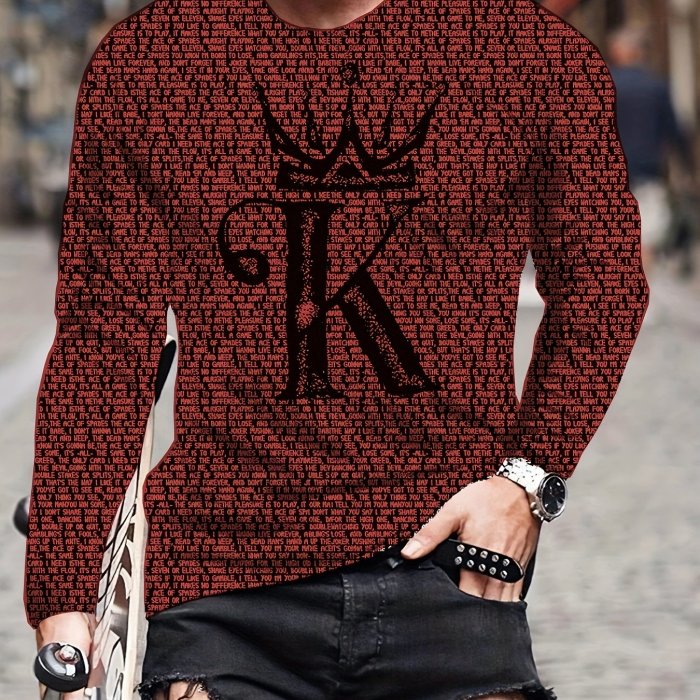 Cool Alphabet K Print Men's Long Sleeve T-shirt, Men's Fashion Crew Neck Tops, Spring Fall