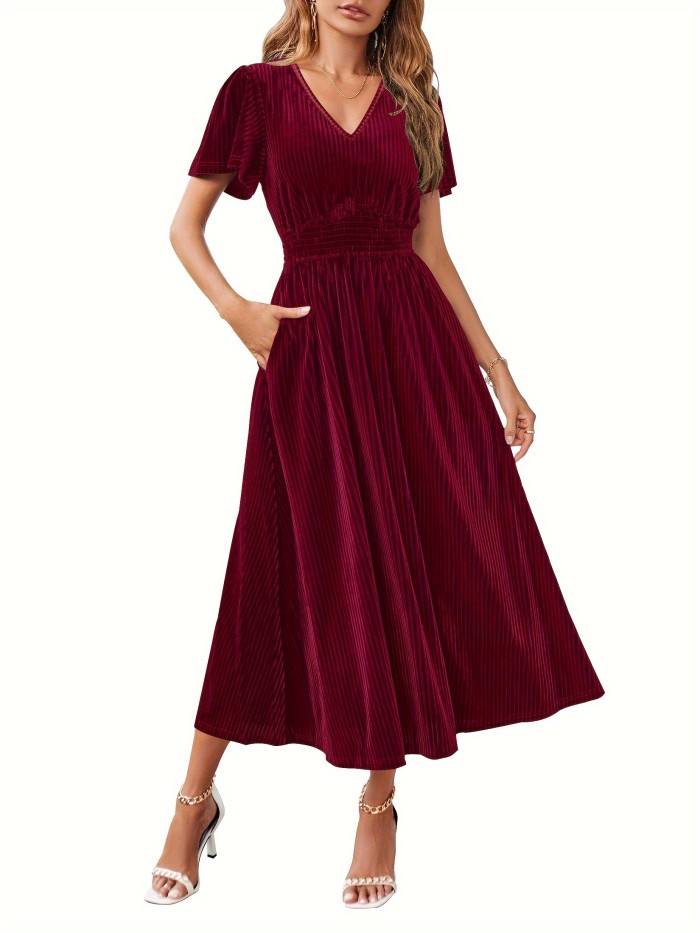 Solid V-neck Cinched Waist Dress, Elegant Flutter Sleeve Ruffle Hem Dress For Party & Banquet, Women's Clothing