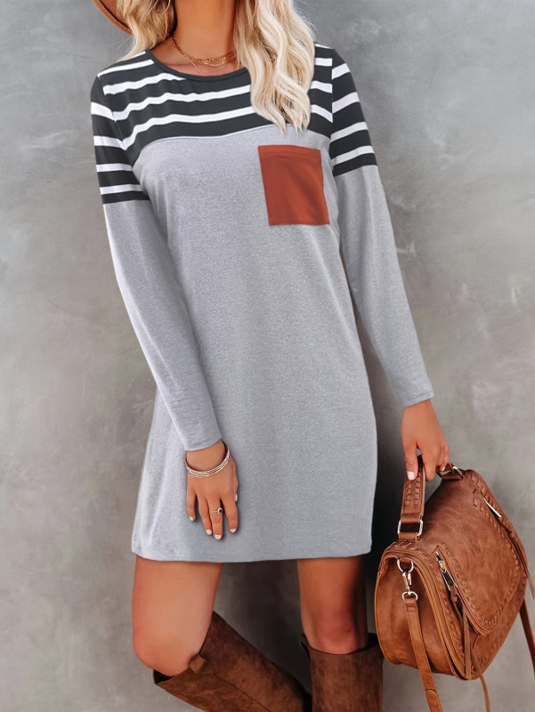 Color Block Long Sleeve Pocket Dress,  Casual Crew Neck Above Knee Dress, Women's Clothing