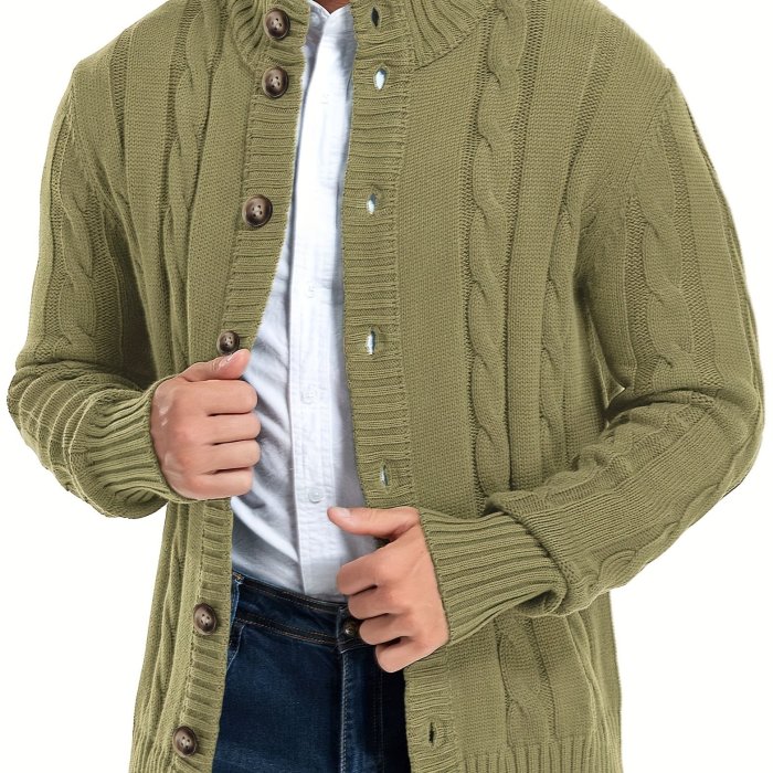 Plus Size Men's Casual Daily Long Sleeved Lapel Collar Sweater, Spring & Autumn Trendy Solid Color Male's Oversized Knitted Cardigan Outwear