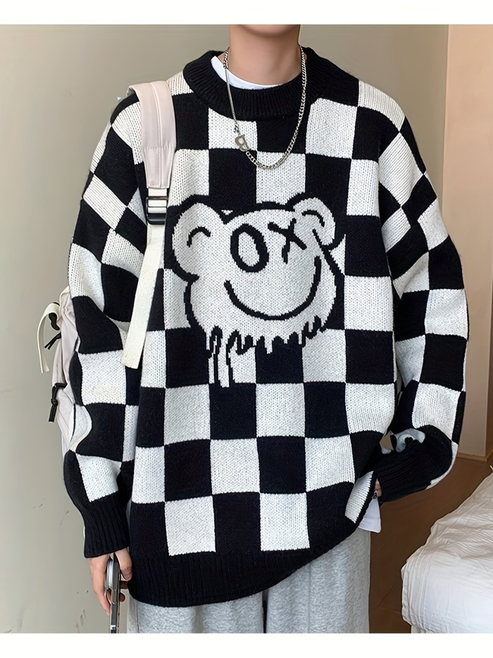 Plus Size Men's Casual Chessboard And Bear With Quirky Smile Sweater Bottoming Wear For Spring And Autumn
