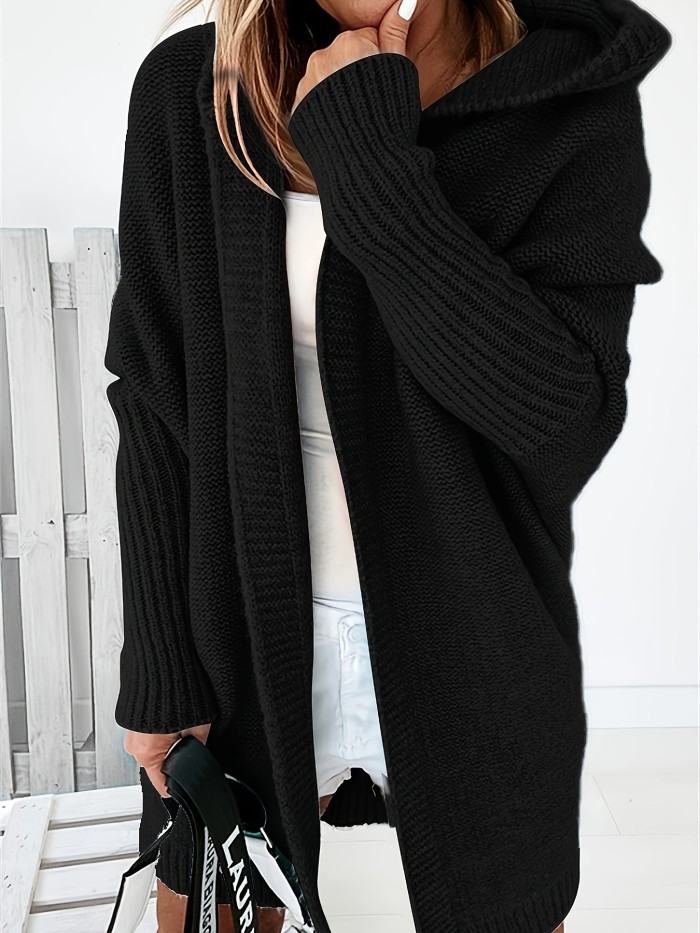 Solid Open Front Hooded Cardigan, Casual Batwing Sleeve Mid Length Sweater For Fall & Winter, Women's Clothing