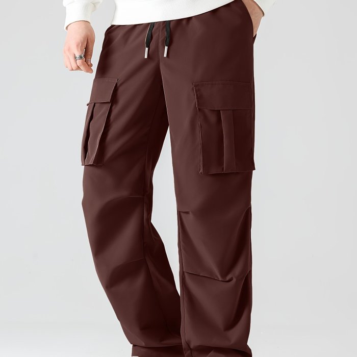 Men's Stylish Solid Color Multiple Pockets Cargo Pants, Casual Drawstring Oversized Loose Pants For Spring Fall Plus Size