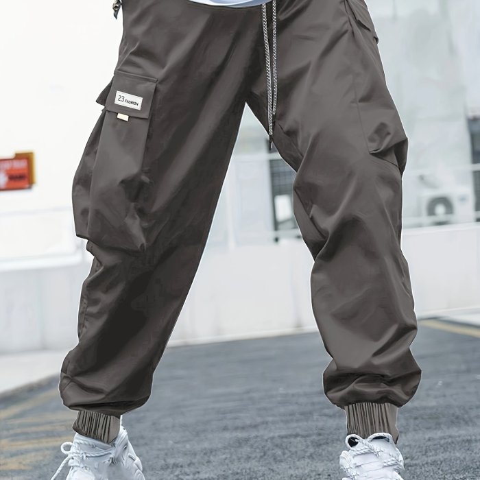 Plus Size Men's Drawstring Cargo Pants: Letters Print, Multi-Pocket Design, Perfect For Outdoor Activities