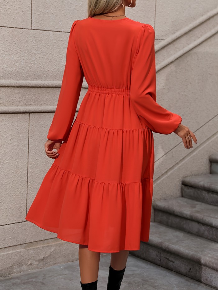 Solid Color Lantern Sleeve Dress, Casual Surplice Neck Cinched Waist Dress, Women's Clothing