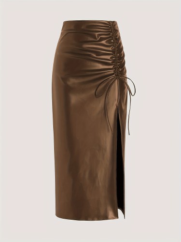 Faux Leather Drawstring Split Skirt, Casual High Waist Bodycon Solid Skirt, Women's Clothing