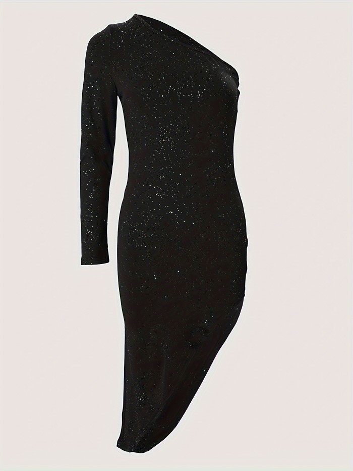One Shoulder Asymmetrical Hem Dress, Elegant Long Sleeve Dress For Party & Banquet, Women's Clothing