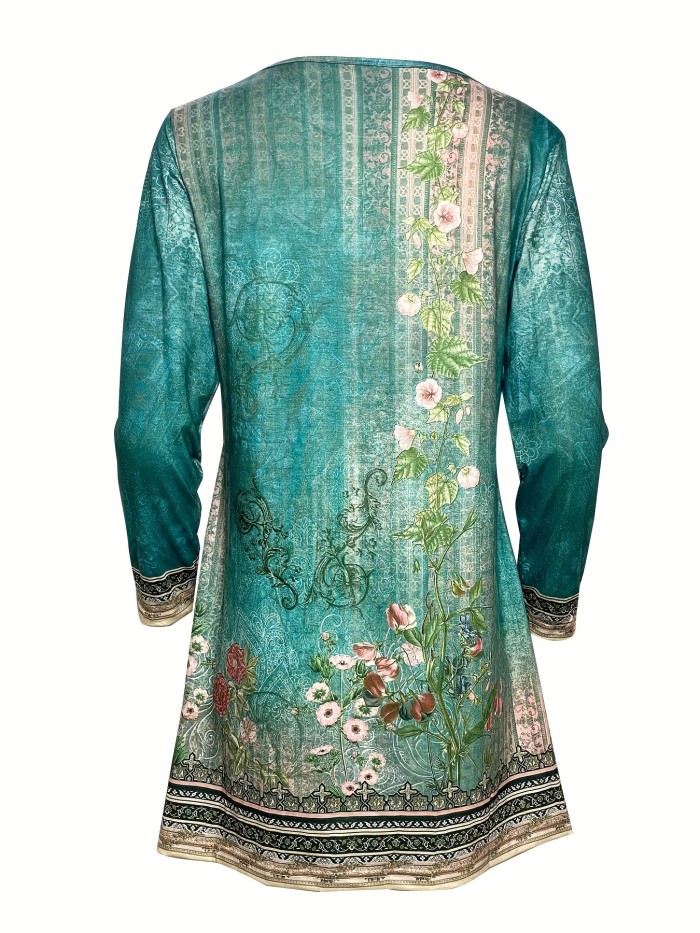 Vintage Floral Print Dress, Casual V Neck Long Sleeve Dress For Spring, Women's Clothing