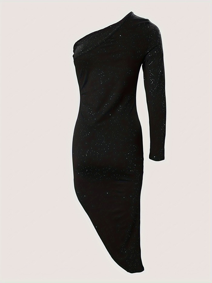 One Shoulder Asymmetrical Hem Dress, Elegant Long Sleeve Dress For Party & Banquet, Women's Clothing