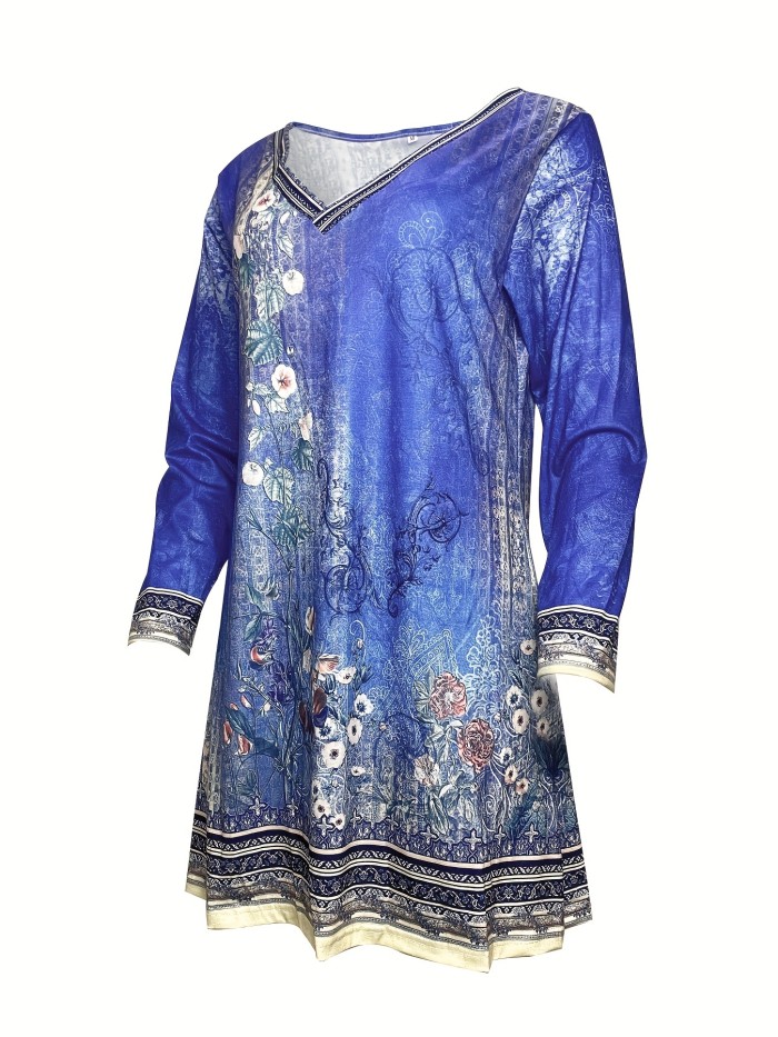 Vintage Floral Print Dress, Casual V Neck Long Sleeve Dress For Spring, Women's Clothing