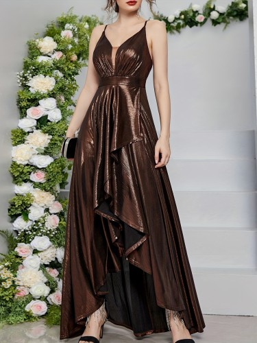 Ruffle Hem Cami Bridesmaid Dress, Elegant Backless Dress For Wedding Party, Women's Clothing