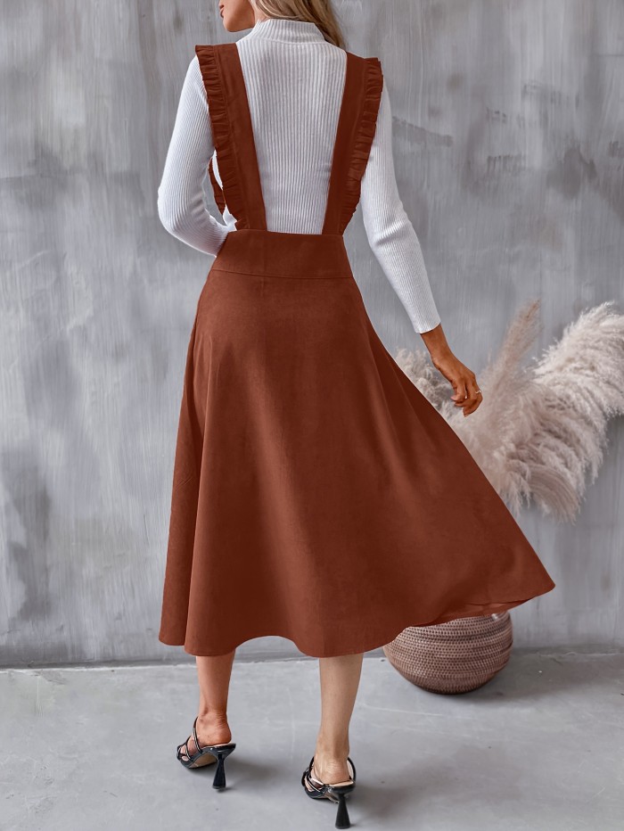 Ruffle Trim Suspender Skirt, Casual Button Decor High Waist Skirt, Women's Clothing
