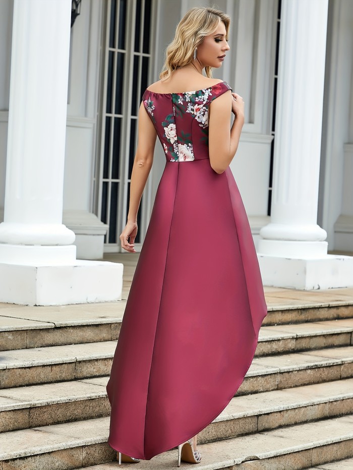 Floral Print V-neck Asymmetrical Hem Dress, Elegant Sleeveless Dress For Party & Banquet, Women's Clothing
