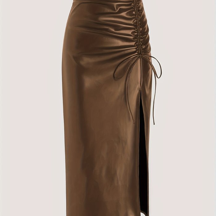 Faux Leather Drawstring Split Skirt, Casual High Waist Bodycon Solid Skirt, Women's Clothing