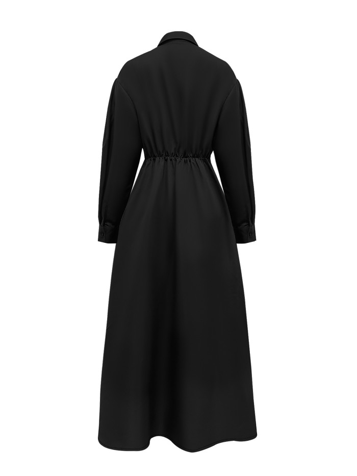 Solid Button Front Maxi Dress, Elegant Long Sleeve Aline Dress For Spring & Fall, Women's Clothing