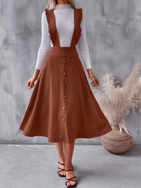Ruffle Trim Suspender Skirt, Casual Button Decor High Waist Skirt, Women's Clothing