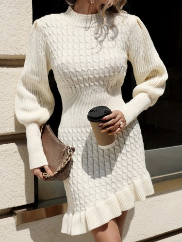 Solid Cable Crew Neck Sweater Dress, Casual Long Sleeve Dress For Fall & Winter, Women's Clothing