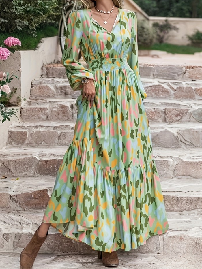 Floral Print V Neck Dress, Elegant Long Sleeve Ruffle Hem Dress, Women's Clothing